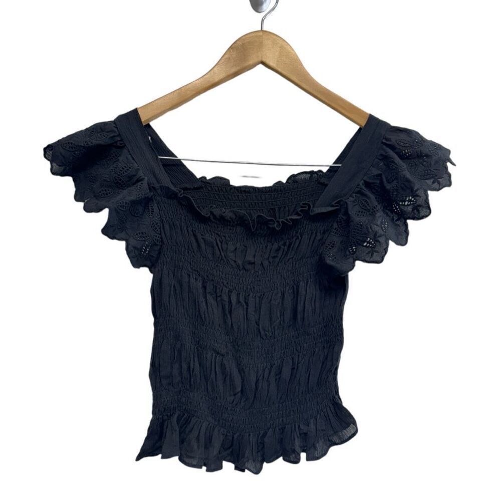 AQUA Eyelet Cropped Top Flutter‎ Sleeve Size Extra Small Black 100% Cotton NWT
